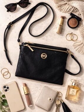Michael Kors Black Leather Crossbody with Gold Hardware